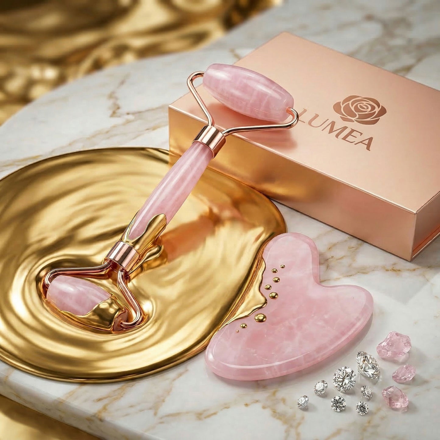 Rose Quartz Gua Sha & Roller Set · Natural Stone · Gift Box
