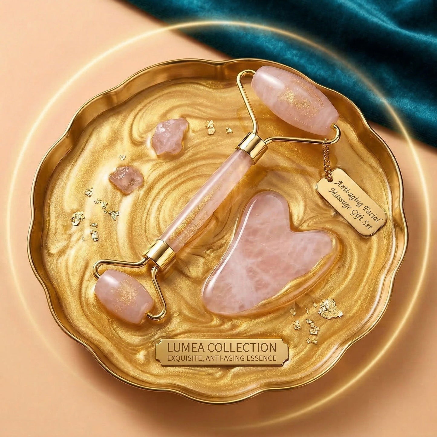 Set Gua Sha & Roller din cuarț roz · Piatră naturală · Cutie cadou